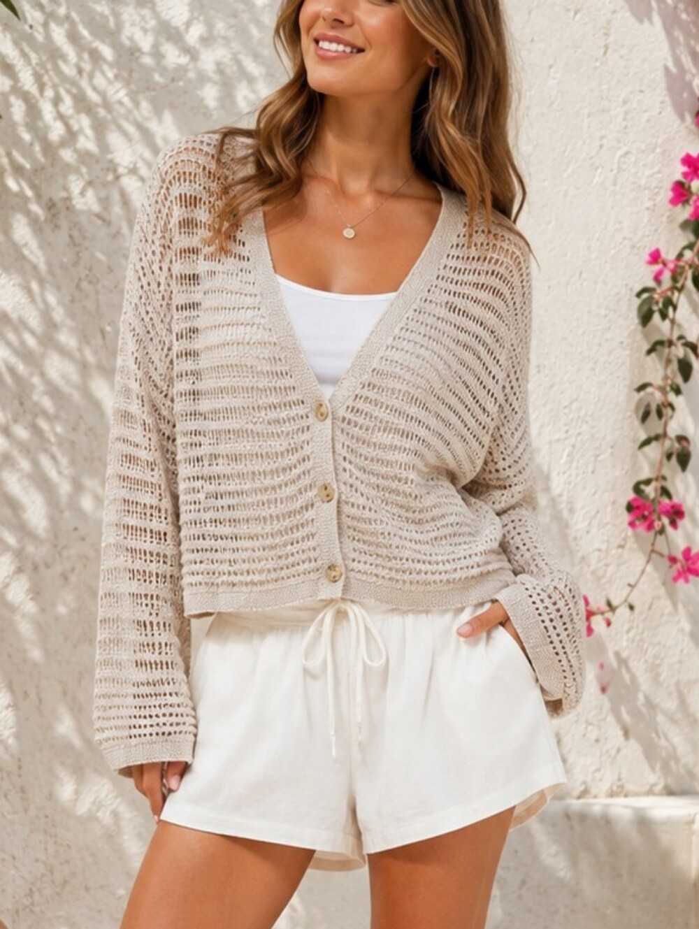 Max Studio London Open Knit V-Neck Button Cardigan Sweater Medium